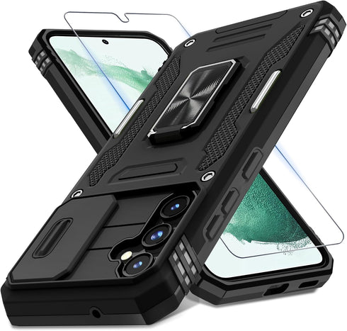 DEERLAMN Galaxy S23 FE Case - Black, Military Grade Shockproof, Slide Camera Cover, Screen Protector & Rotated Ring