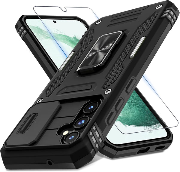 DEERLAMN Galaxy S23 FE Case - Black, Military Grade Shockproof, Slide Camera Cover, Screen Protector & Rotated Ring