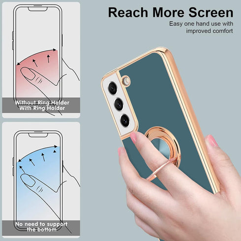 Samsung Galaxy S21 Case Compatible, Grey Finger Ring Holder with Rose Gold Plating Design, Rotating Kickstand