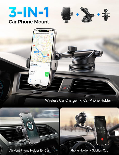 CHGeek Wireless Car Charger with Phone Holder Mount, 15W Fast Charging for Car Accessories