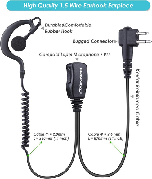 (2 Pack) Walkie Talkie Earpiece, G Shape 2-Pin 2.5mm/3.5mm Headset with PTT Mic for Motorola Two-Way Radios