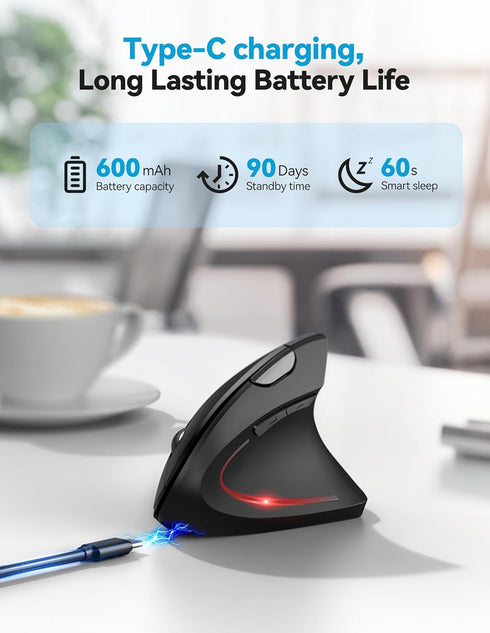 TECKNET 4800 6 Ergonomic Mouse Rechargeable Bluetooth - DPI Vertical Mice Adjustable Levels, Wireless Optical Carpal