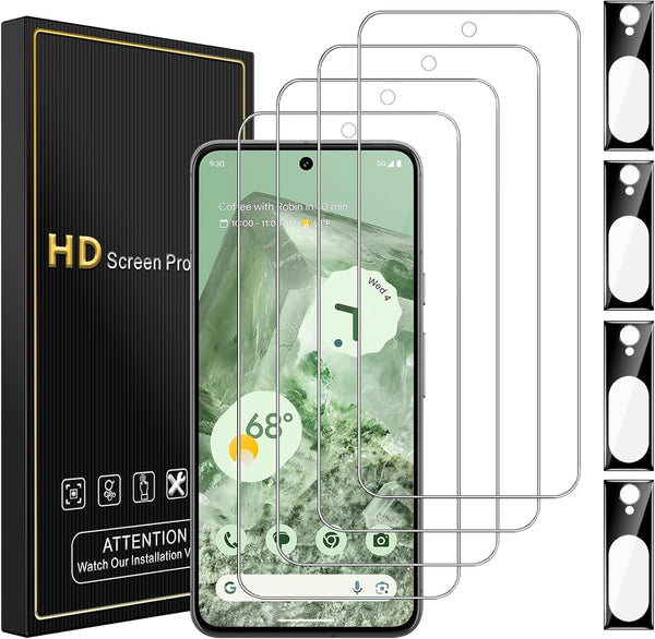 4 Pack Screen Protector for Google Pixel 8, Includes 4 Pack Camera Lens Protector, 9H Tempered Glass Film,