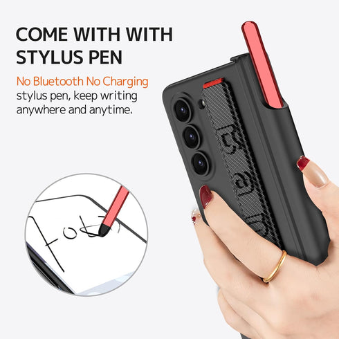 NINKI Samsung Galaxy Z Fold 6 Case with S Pen (Red) - Carbon Fiber, Magnetic Hinge Protection, Strap Included