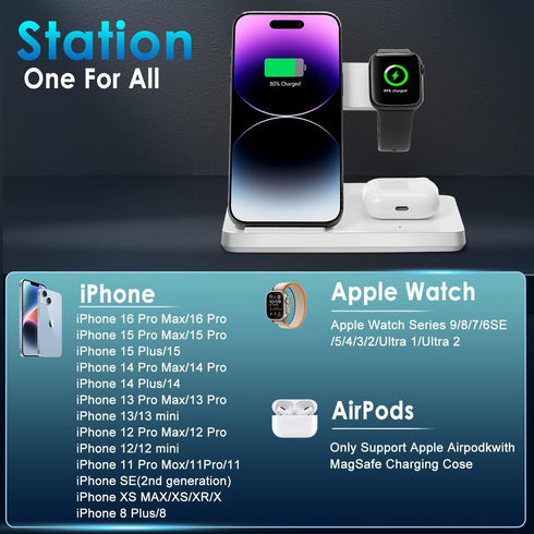 Wireless Charger, 3 in 1 Charging Station for Multi Devices, Dock for iPhone 8-16 Series, Apple Watch, AirPods Pro 3 2