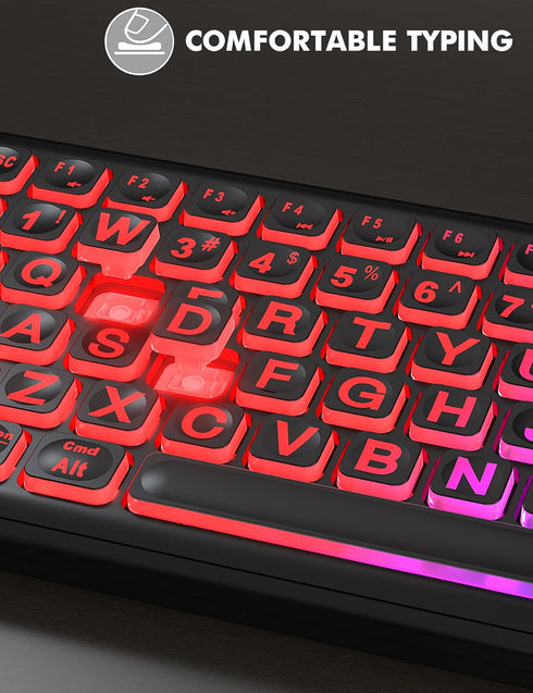 Wireless Keyboard and Mouse Combo, Large Print, RGB Backlit, Oversize Light Up Letters, Rechargeable, Ergonomic Tilt