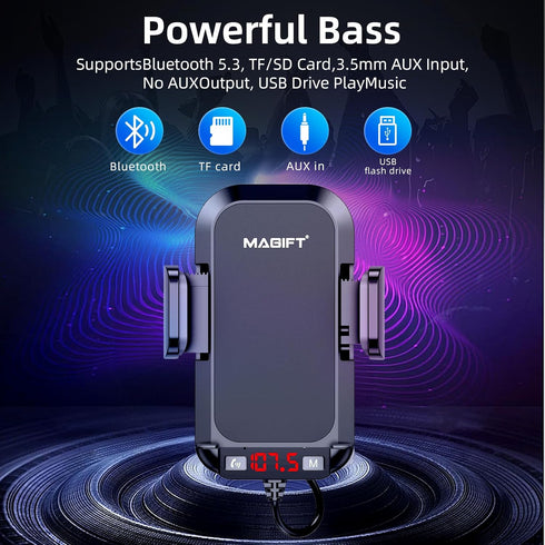 54W Bluetooth 5.3 FM Transmitter Car Adapter with Phone Holder 3-in-1, HiFi Bass Sound, Hands-Free Calling, 36W PD, QC 18W Supports TF/SD Card 64G AUX USB Flash Drive for iPhone Android Phone