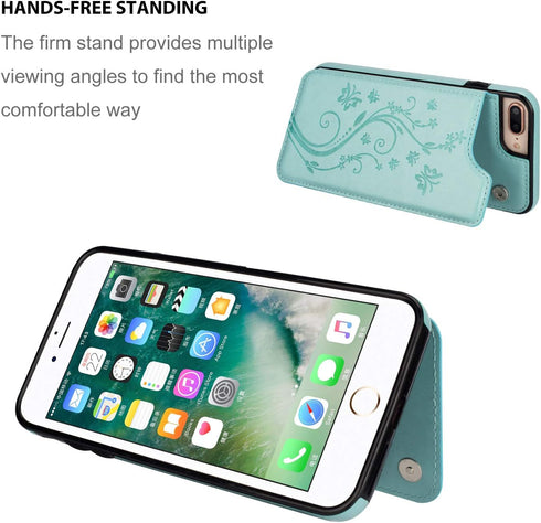 UEEBAI Case for iPhone XR, Luxury PU Leather Case with Card Slots, Stand Function, Butterfly Flower Pattern, Mint Green