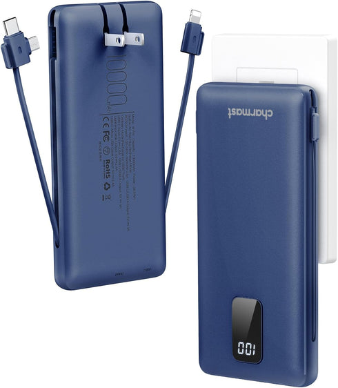 Charmast Portable Charger with Built-in Cables, 10000mAh USB C Power Bank, Fast Charging 15W, Slim External Battery Pack