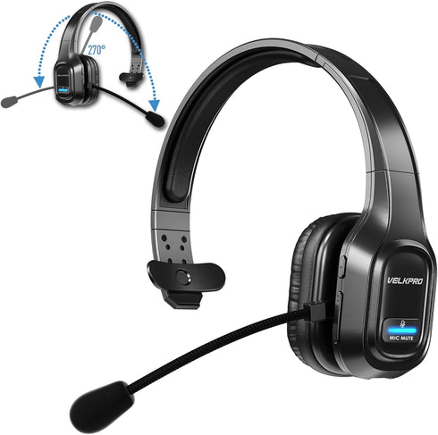 Wireless Headset with Microphone, Single-Ear Headphone, Adjustable Headband, Noise Isolation Mic for Home Office