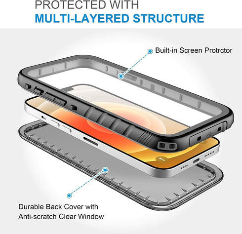 SPORTLINK Waterproof Case for iPhone 12, Full Body Shockproof Dustproof with Screen Protector, Black