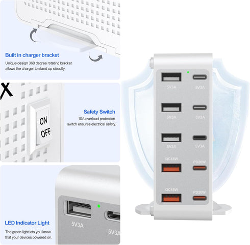 166W GaN 10-Port USB C Charging Station, PD20W QC18W Fast Charging Wall Charger for iPhone 15/14/13/12/11