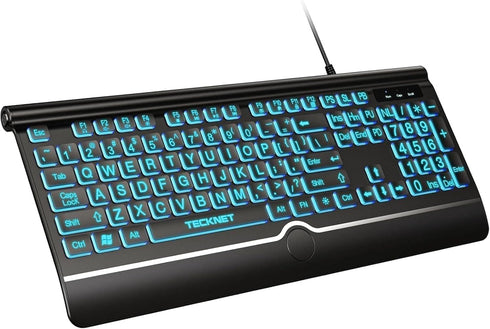 TECKNET Large Print Backlit Keyboard, Wired USB-A Computer Keyboard with Wrist Rest, 7-Color