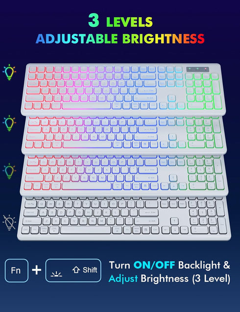Wireless Keyboard and Mouse - RGB Backlit, Rechargeable & Light Up Letters, Full-Size, Ergonomic Tilt Angle, White