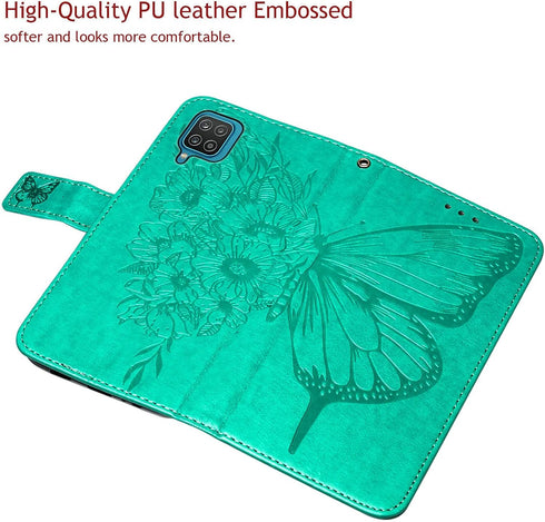 Flip Cover Phone Case Wallet for Samsung Galaxy A12, Butterfly Floral Embossed, Wrist Strap, Card Holder, Green