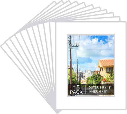 15 Pack 8.5x11 White Picture Mats, Frame Mattes for 6x8 Pictures Photo