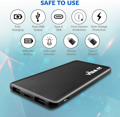 Vida IT Slim 5V 2A Power Bank, 5000mAh Portable USB Charger for Heated Vest, Jacket, Clothing, Scarf, Coat, Pants, Cell