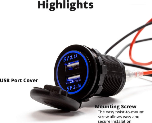 Heavy Duty 5V Dual USB 4.2A Charger with Blue LED for Marine, Boat, Motorcycle, Trucks, Golf Cart, Automotive, Cars and More