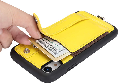 TOOVREN Wallet Case for iPhone XR with Lanyard Strap, Card Holder, Protective Cover with Stand, Yellow