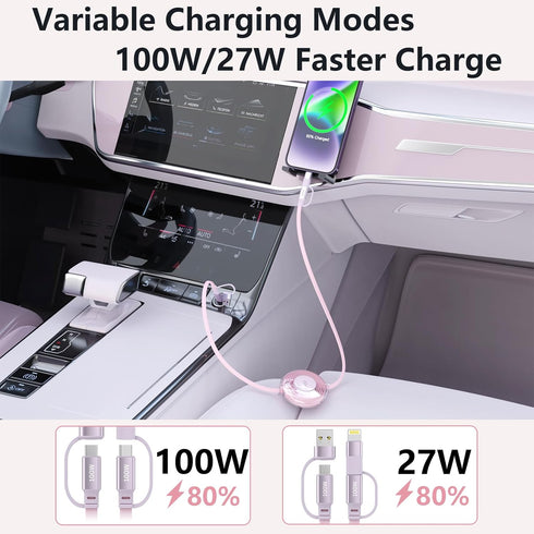 Retractable 100W Multi 4-in-1 Travel Universal Charger Cable USB A/Type C to Lightning for iPhone and Samsung