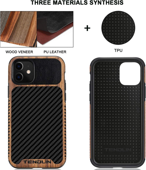 TENDLIN Black Compatible with iPhone 11 Case, Wood Grain with Carbon Fiber Texture Design Leather Hybrid