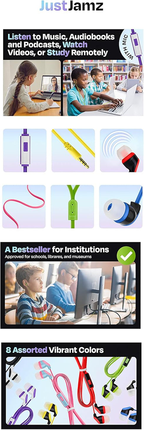 10x Multipack Earbuds with Microphone - Wired in-Ear Earphones for Schools, Libraries & More - Affordable Bulk