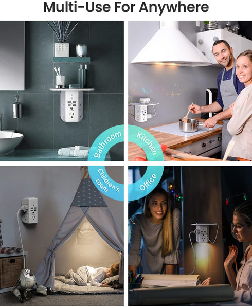 Wall Outlet Extender with Shelf and Night Light, Surge Protector, USB Wall Charger with 5 AC Outlets