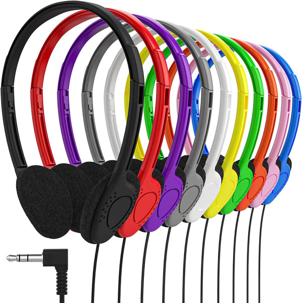 Maeline Bulk 10 Pack On-Ear Stereo Headphones for Kids - Adjustable Band, 3.5mm Plug, Ideal for School & Travel.