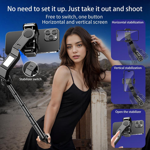 Desiontal 360 Selfie Stick Gimbal Stabilizer, Single Axis Stabilizer Selfie Stick with Light Tripod Rotation