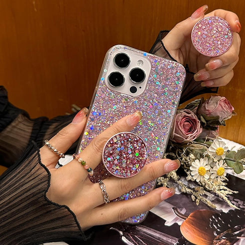 iPhone 15 Pro Max Glitter Bling Case, Pink Sparkle Cover with Ring Stand Holder for 6.7 inch
