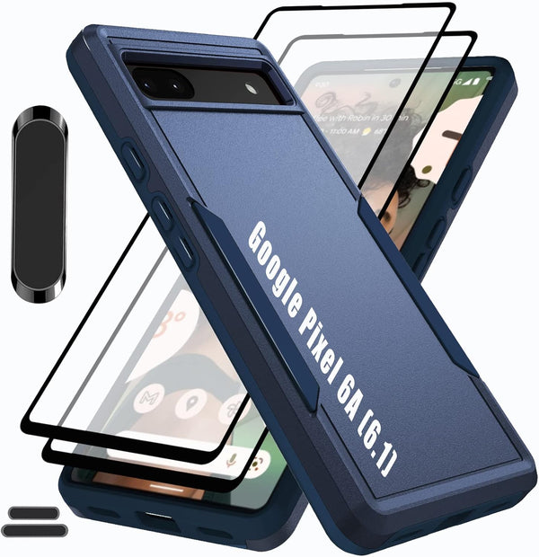LMDAMZ Pixel 6A Rugged Shock Resistant Case, 6.1" Double Layer, Military Grade, with Car Mount & HD Glass Protector
