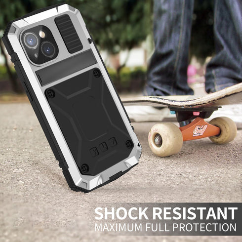 360 Full Body Heavy Duty Protection Case for iPhone 15 Plus, Rugged Aluminum Stan with Built-in Screen Protector, Silver