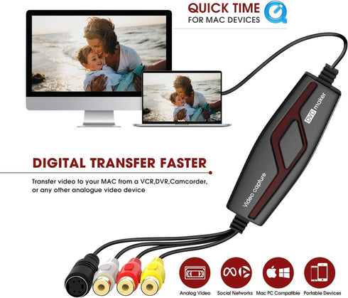 VIXLW Hi8 VHS to Digital Converter,Video Capture Card Device,VHS VCR Mini DV to Mac Digital Converter,RCA to USB Video