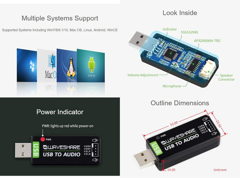 Waveshare USB Sound Card for Raspberry Pi/Jetson Nano, External Audio Converter, Recording and Playback Support
