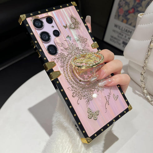 Galaxy S24 Ultra Kickstand Case, Cute Luxury Glitter Bling Butterfly with Ring Stand, Shockproof, Pink