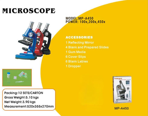 Lizer A450 High-Definition LED Microscope - Adjustable Magnification 100x to 450x - Complete Kit for Education