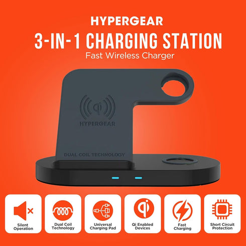 HyperGear 3 in 1 Wireless Charging Station - 10W Fast Wireless Charger Stand, Pad & Watch Mount for iPhone, Android,