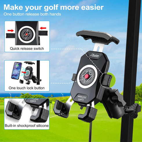 Roykaw Golf Cart Phone Mount Holder - Qi 15W Wireless & Type C 20W Fast Charging for iPhone/Galaxy/Google Pixel