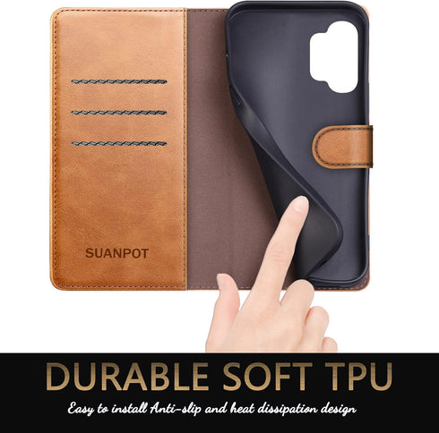 SUANPOT RFID Blocking Leather Wallet Case for Samsung Galaxy A32 5G - Flip Folio, Card Holder, Shockproof (Light Brown)