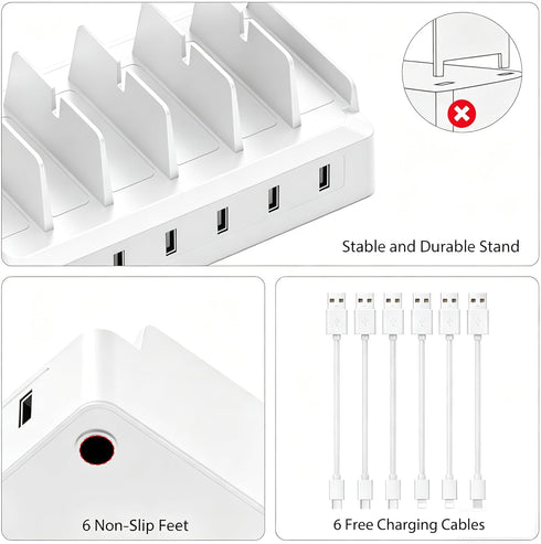 COZOME 6 Charging Station for Multiple Devices, Port USB Desktop Charger Dock Compatible with iPad, Samsung, Android