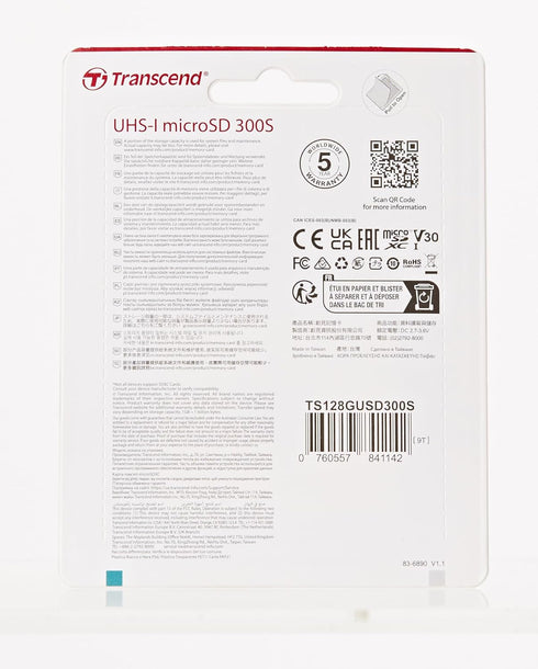 128GB MicroSDXC Class 10 UHS-1 U3 A1 V30 Memory Card - Transcend TS128GUSD300S