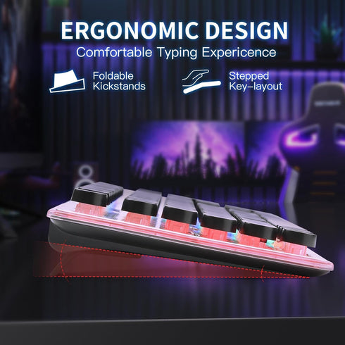 Typewriter Style Gaming Keyboard with Metal Panel, Rainbow LED Backlit, Round Keys, Light Up USB Wired Retro 104 Keys