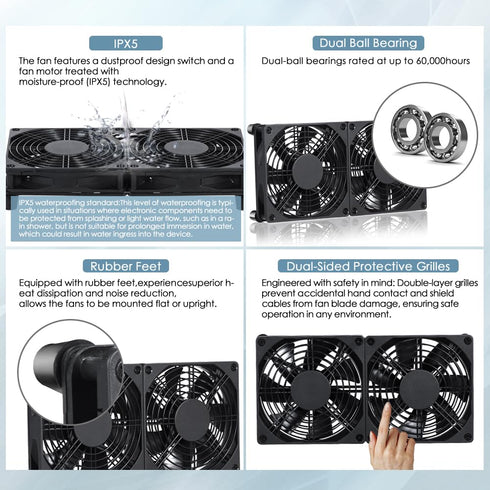xiaoqijia Dual140mm 10-Speed IPX5 5V 12V Adjustable Cooling Case Fan for Receiver DVR Xbox TV Box Router USB/DC Power