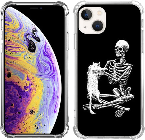 Black Skull White Cat Phone Case for iPhone 14, Unique Trendy TPU Bumper Cover for Girls Boys Women Men