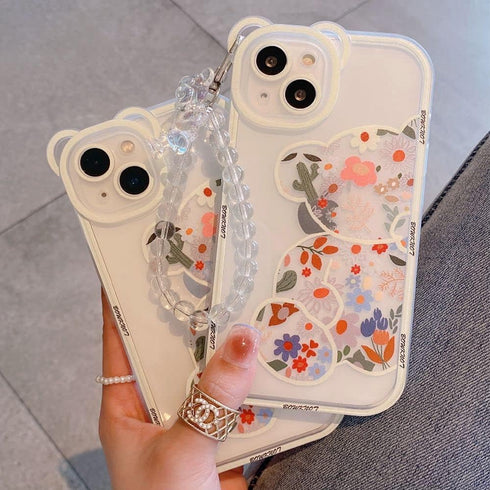 Case for iPhone 11 Pro Max with Cute Flowers Bear Pattern, Clear Case and Lovely Strap Bracelet Chain for Girls Women