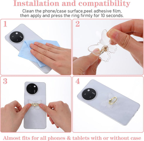 DOPENSPI 4PCS 360Rotation Transparent Phone Ring Holder, Adjustable Butterfly Cell Phone Ring Cellphone Kickstand Grips