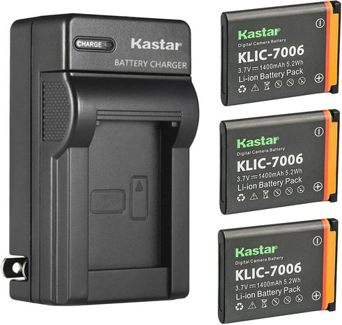Kastar 3-Pack K7006 Battery and AC Wall Charger Replacement for Kodak Easyshare Touch M577, PixPro FZ51, FZ52, FZ53