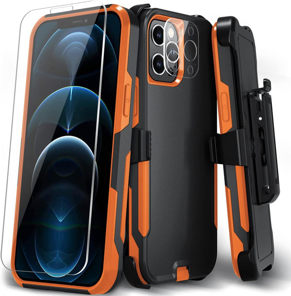 iPhone 12 Pro Max Case with Shockproof Belt Clip Kickstand, Tempered Glass Screen Protector & Camera Lens Protector,