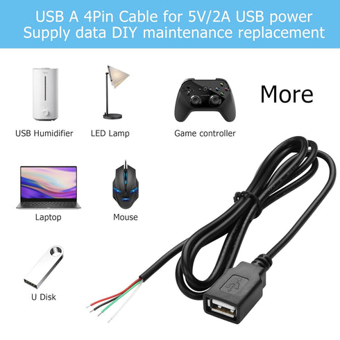 YAODHAOD USB A Female 4 Pin Bare Wire, 5V 2A USB 2.0 Extension Cable for DIY Repair (5pcs)