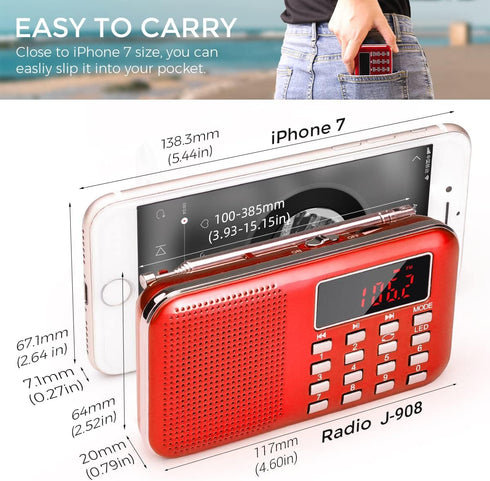 PRUNUS Mini Portable Radio - AM FM Pocket Radio with MP3, LED Flashlight, Rechargeable Battery Operated